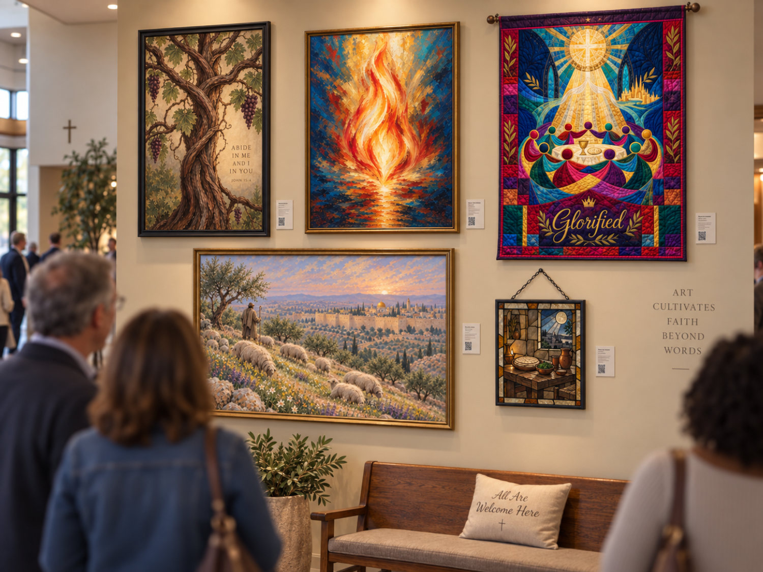 A church arts gallery on a lobby wall, with visitors viewing framed and quilted pieces